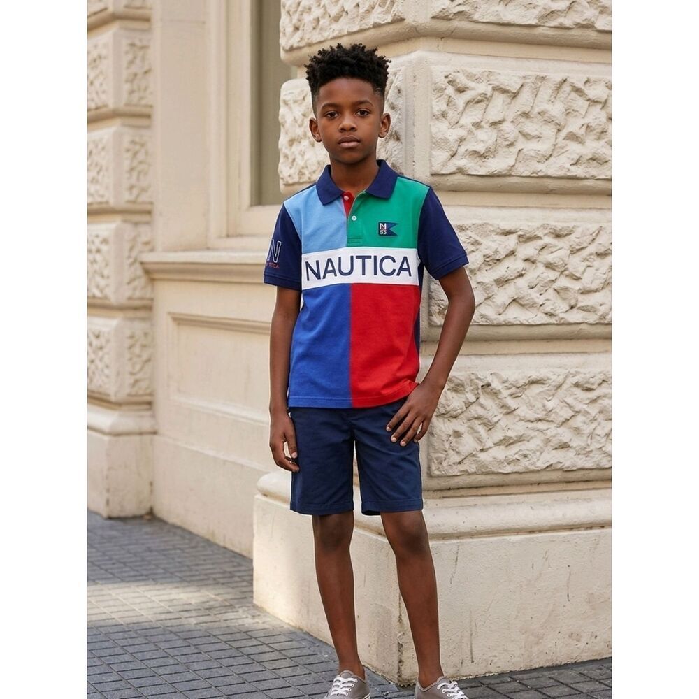 Nautica Boys Polo Shirt Medium 10/12 Colorblock Short Sleeve Collared Top Preppy